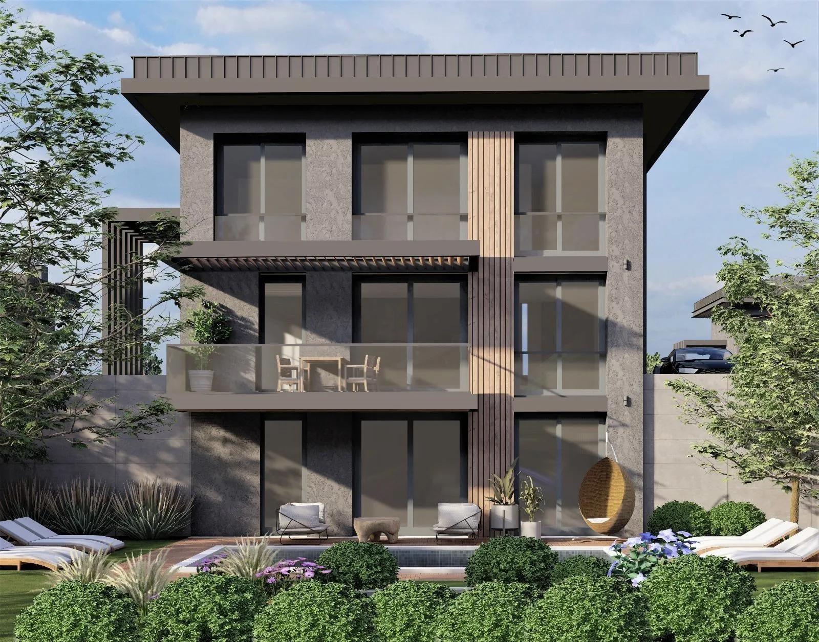 Architectural visualisation of a triplex villa in Ağva, Şile: stone-textured grey façade, vertical timber-slat accent and a glass-railed terrace