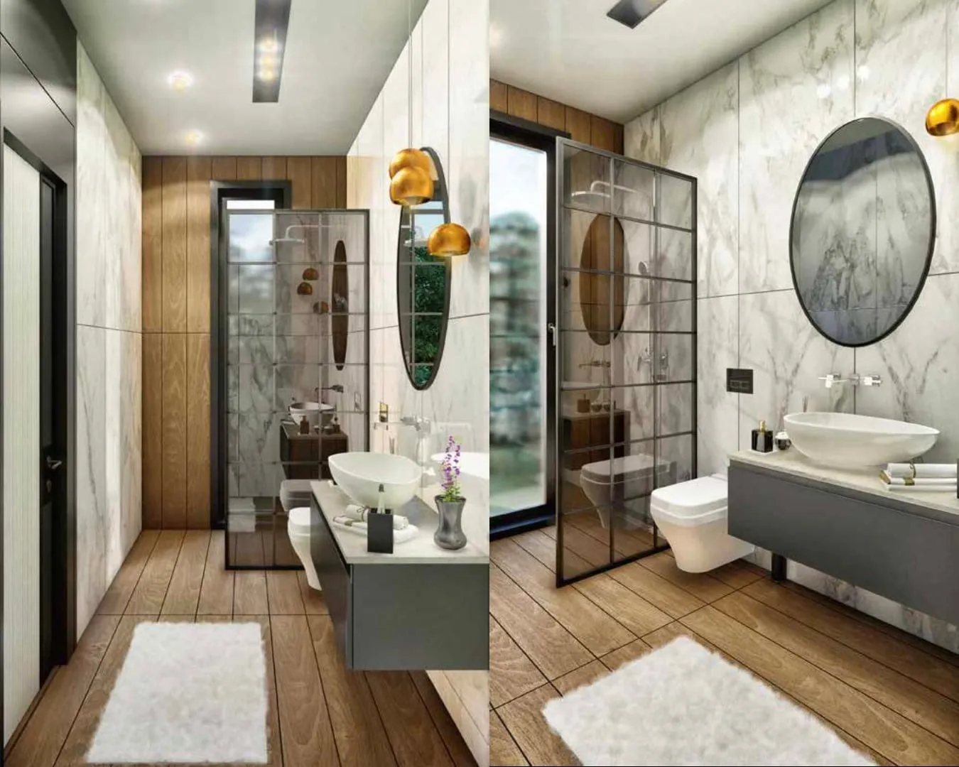 Ahşap ve mermer kaplı banyo