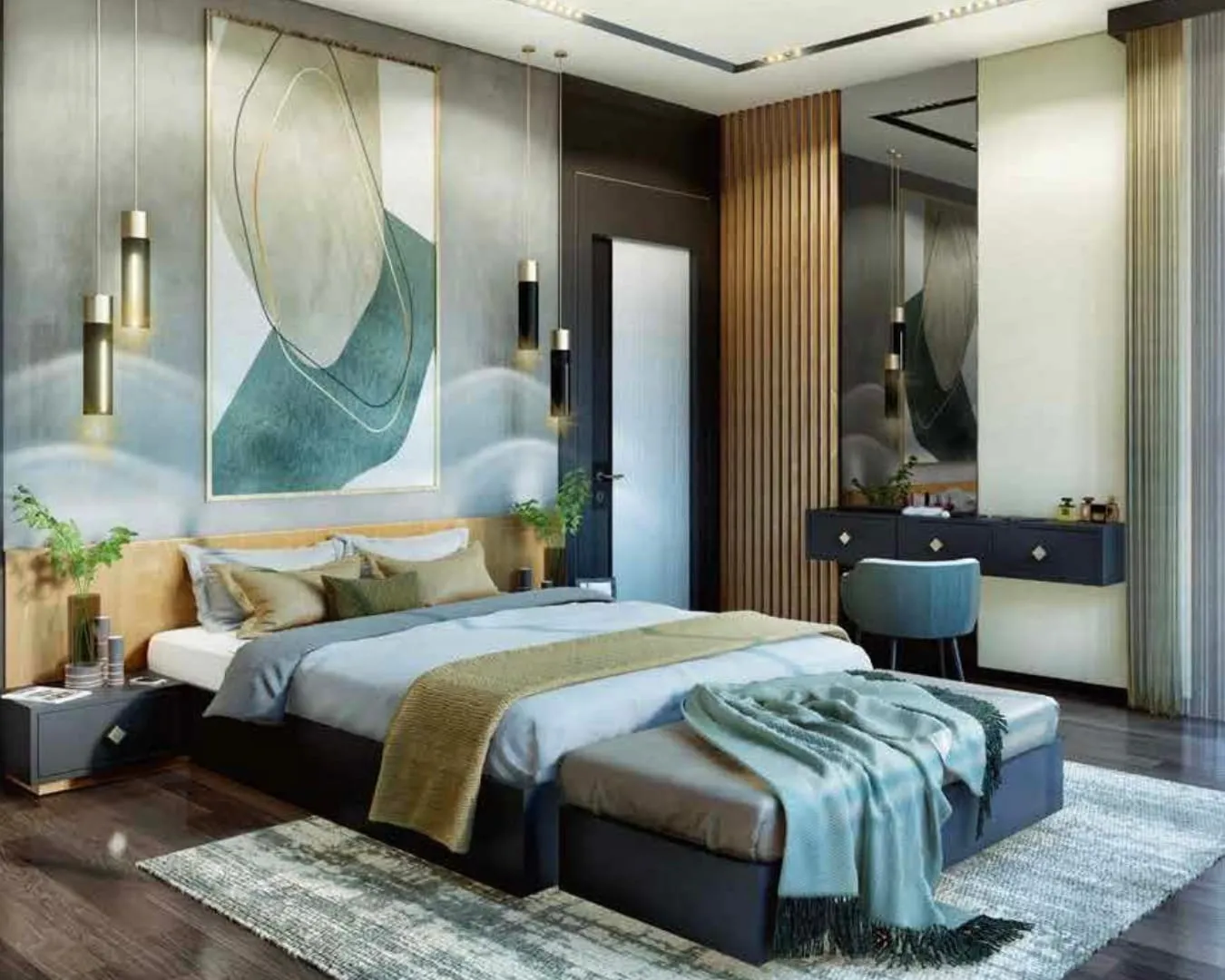 Bedroom with decorative wall panel