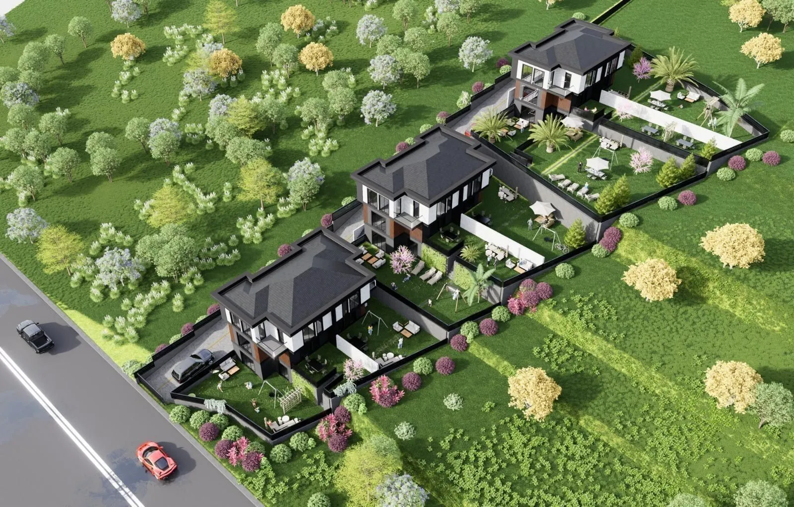 Aerial architectural visualisation of the villa estate in Çengilli Village, Şile: detached triplex villas with gardens and pool areas