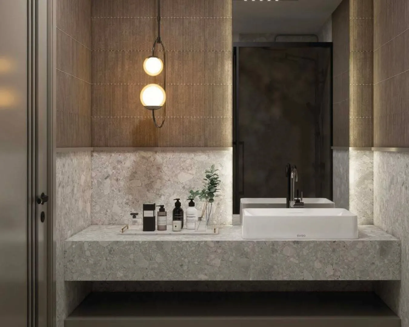 Taş kaplı lavabo alanı