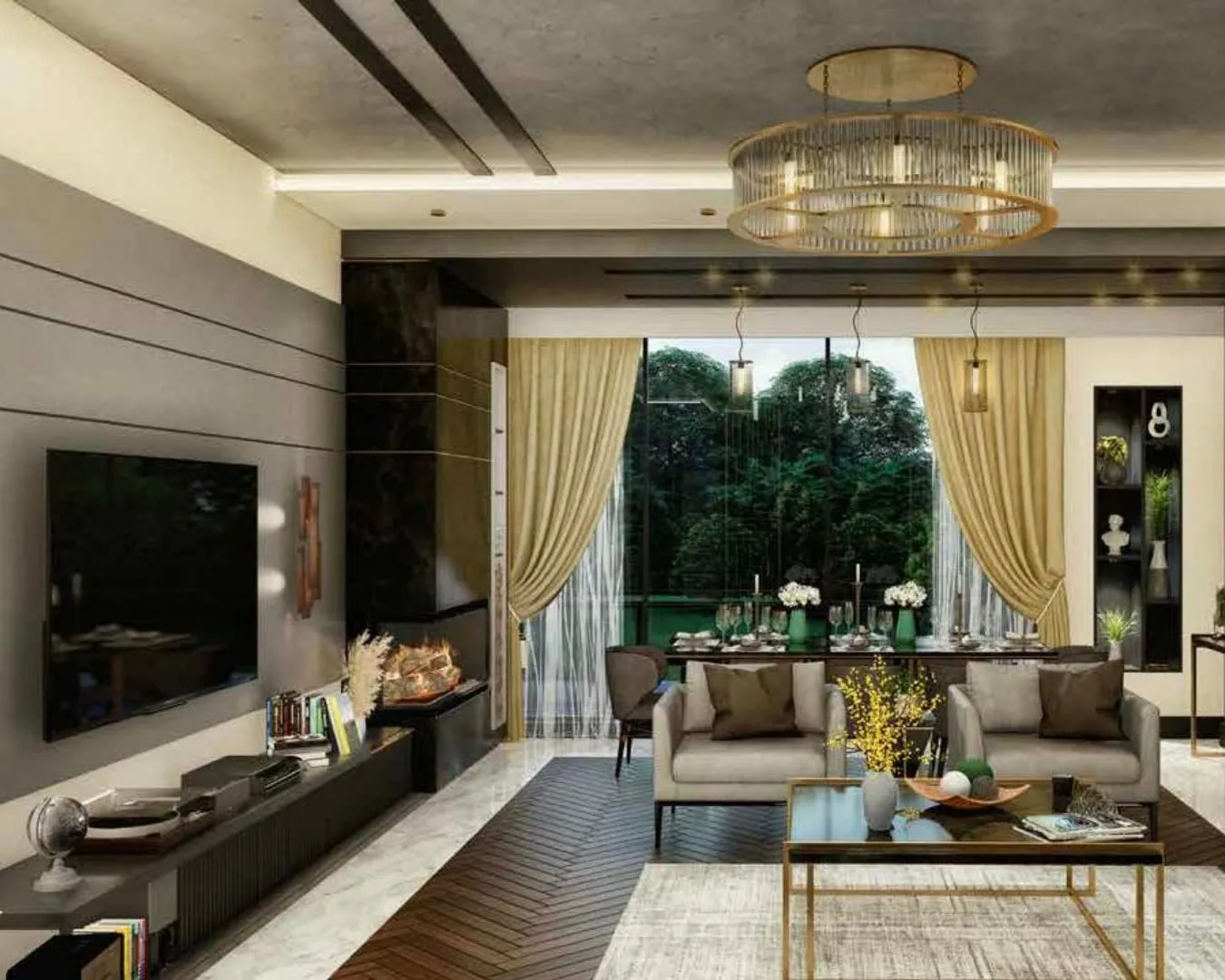 Warm-toned living room with large glazing