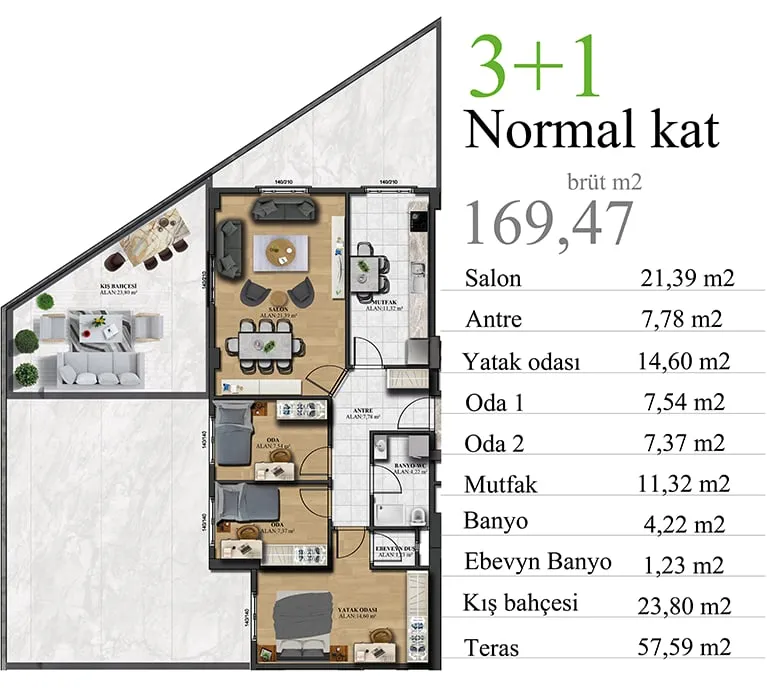 Nergis Park Evleri — Nergis Park Evleri — 3+1 daire planı (169,47 m² brüt)