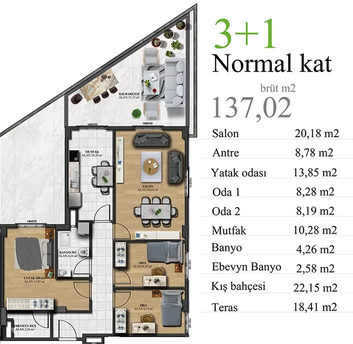 Nergis Park Residences — Nergis Park Residences — 3+1 apartment plan (137.02 m² gross)