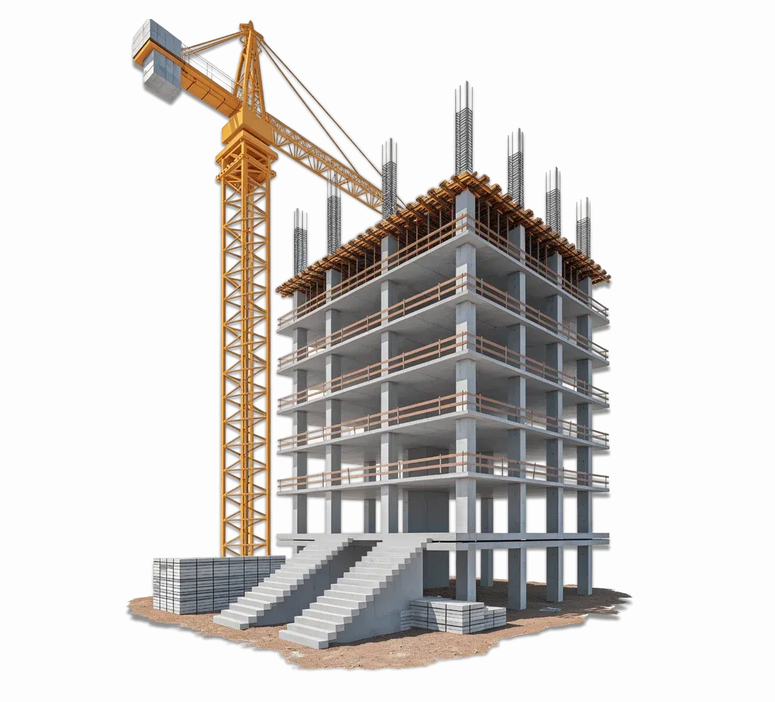 Reinforced-concrete frame with tower crane